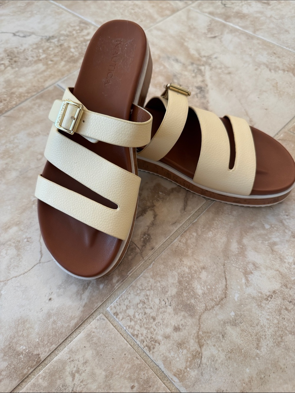 Nautica Cream Two-Strap Slide Sandals with Gold Buckle